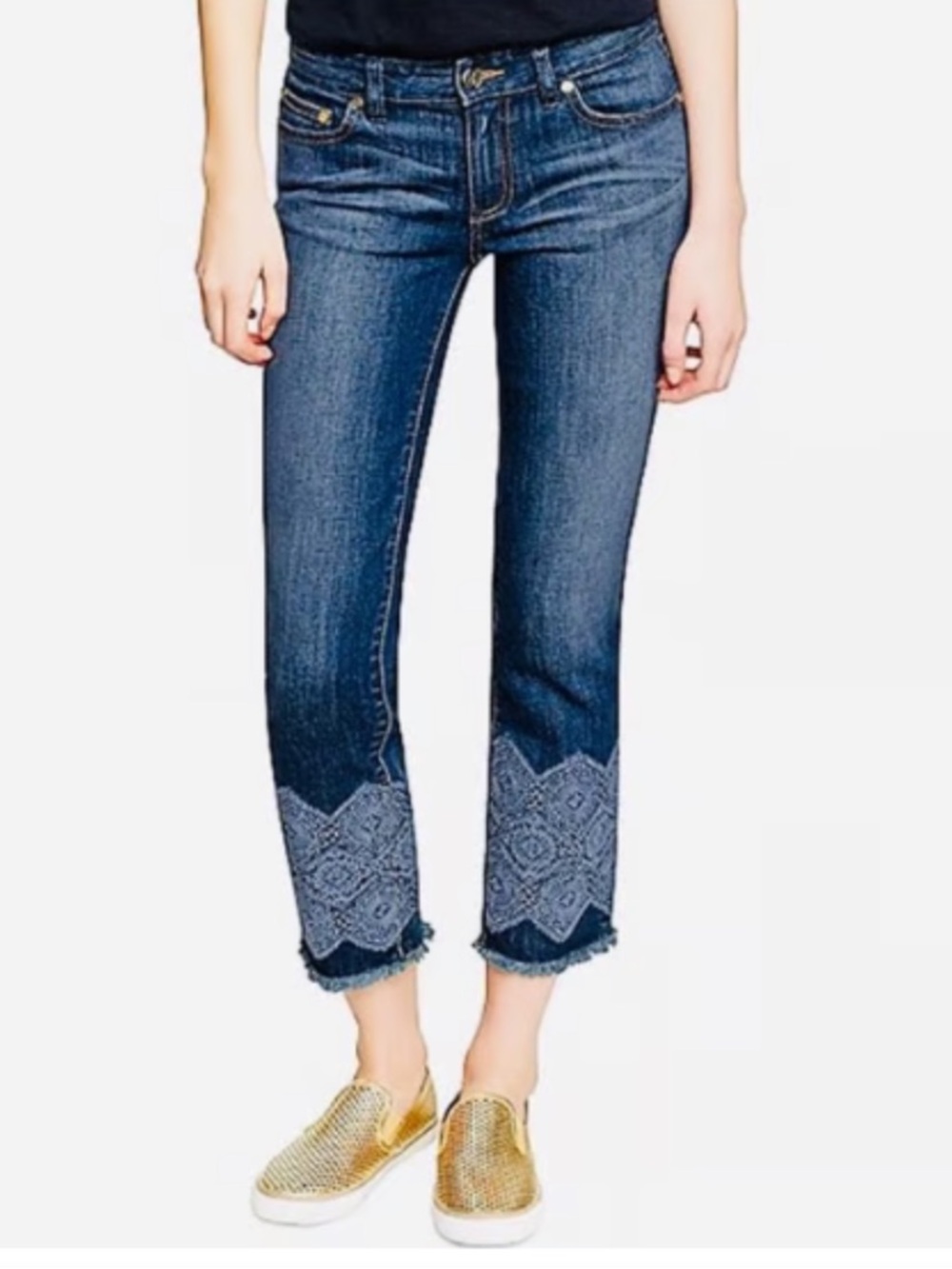 Tory Burch Embroidered Straight Cropped Raw Hem Jeans - Size 26